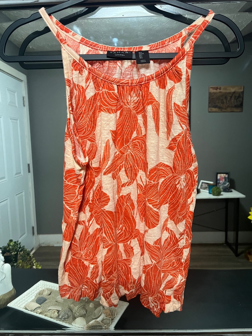 Tahari Linen Cream Tank with Orange Floral Print